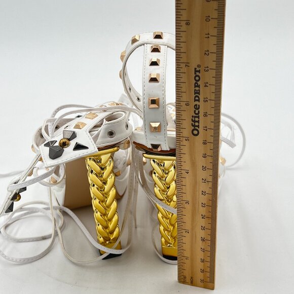 FSJ Ivory Gold Metal Chain Thick High Heel Open Toe Strappy Ankle Buckle Sandals - Picture 5 of 8